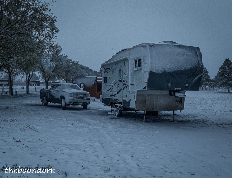 Storrie Lake State Park New Mexico boondocking in the snow